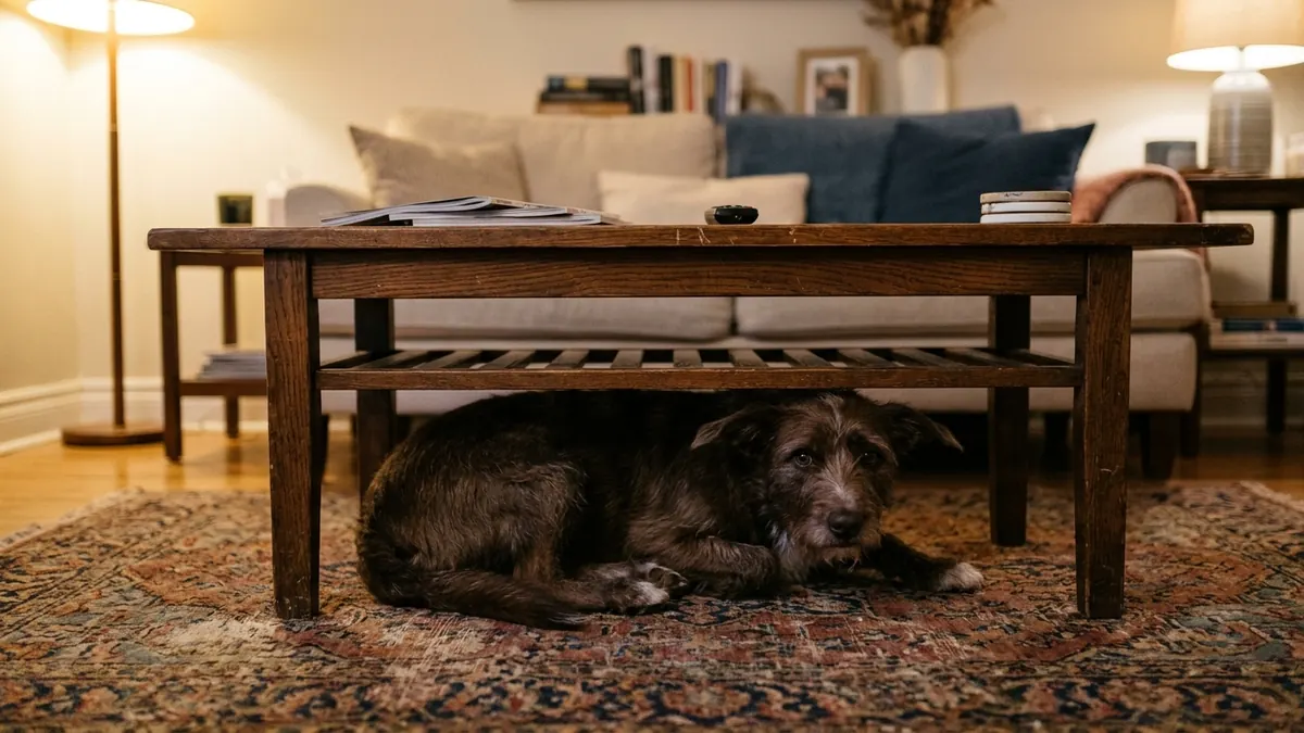 Anxious dog with ears back hiding under a coffee table