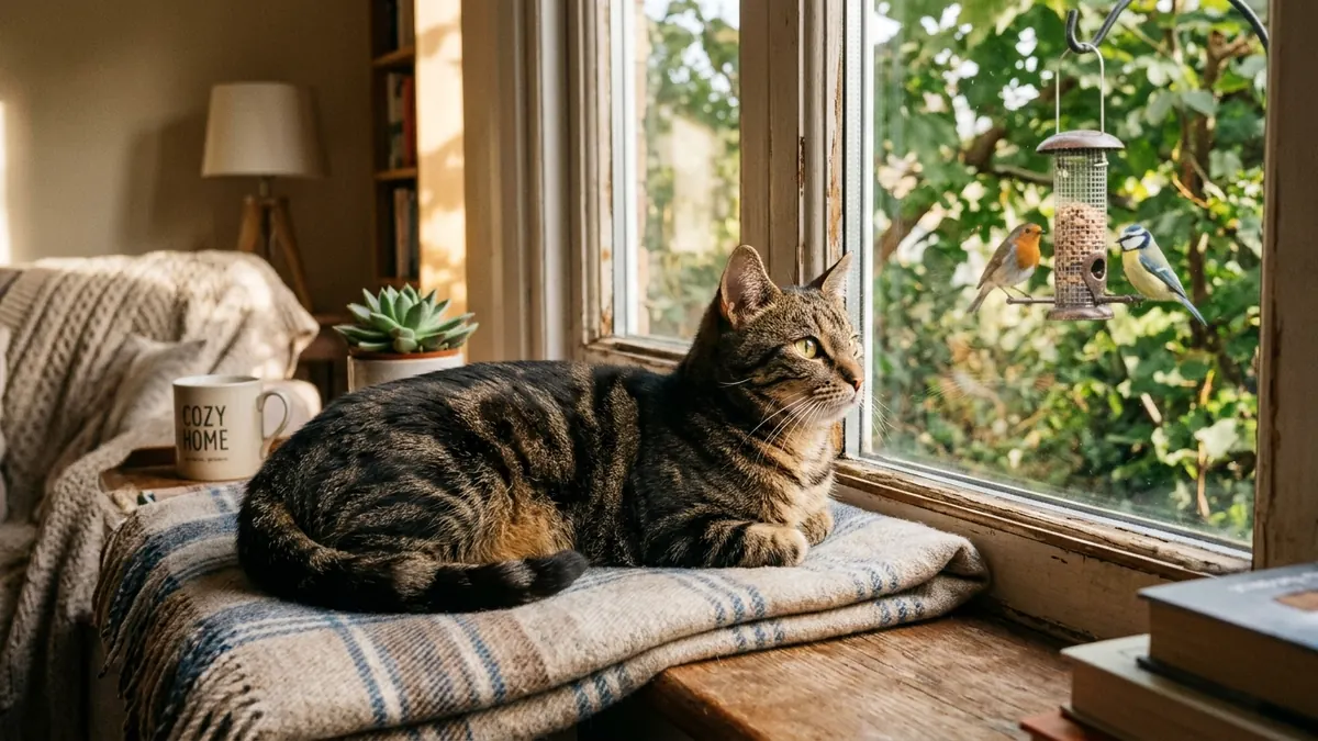 Indoor tabby cat on a windowsill watching birds outside, keeping cats indoors to lower bird flu risk