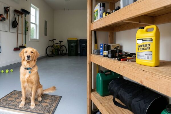 Antifreeze jug stored on a high garage shelf away from a dog