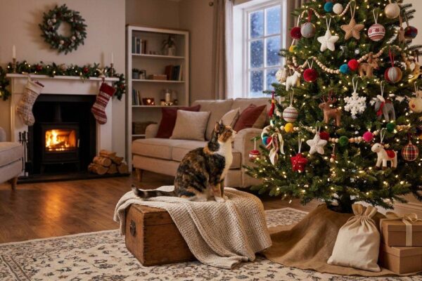 Cat sitting beside a decorated Christmas tree in a living room
